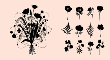 Vector illustration featuring a collection of delicate wildflowers and botanical elements on white background, ideal for floral patterns, greeting cards, and nature-themed designs. © viky