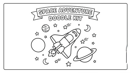 Whimsical Space Adventure Doodle Kit Featuring Rocket and Planets. © pixmastock