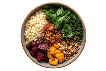 Fototapeta premium Healthy buddha bowl with kale, bulgur, beets, mango, dates, almonds, and flax seeds, offering vegan meal prep