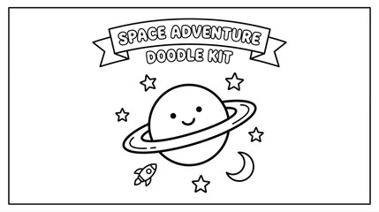 Playful Saturn Like Planet Illustration with Rocket and Stars for Kids. © pixmastock