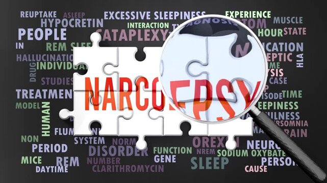 Narcolepsy under magnifying glass, being researched, studied and examined. Most important subjects and ideas closely related to narcolepsy written around a puzzle.Can be looped.
