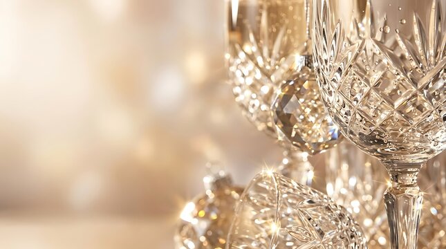 Close up of elegant crystal champagne flutes and festive golden ornaments with bokeh lights.