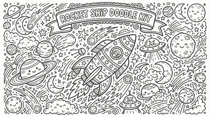Rocket Ship Doodle Coloring Kit for Kids and Adults. © pixmastock
