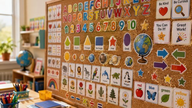 Educational classroom with colorful alphabet and number charts displayed on a corkboard, featuring various learning materials, a globe, and art supplies on desks in a bright, inviting environment