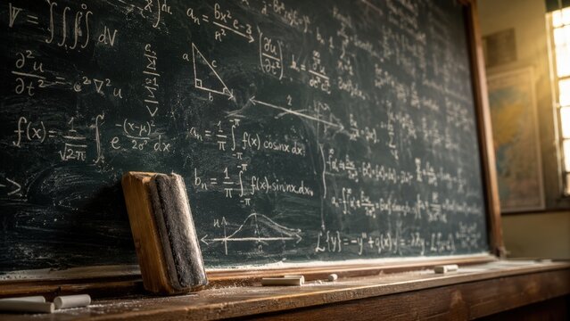 Chalkboard filled with mathematical equations and formulas, with a wooden chalk holder and chalk dust on a wooden ledge, illuminated by natural light from a nearby window in a classroom setting