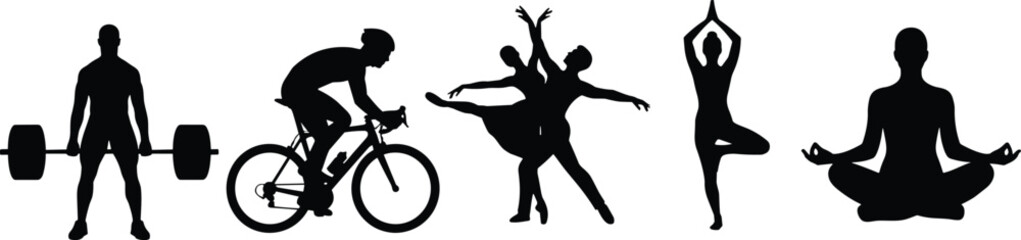 Fototapeta premium Sports Activity Silhouette Collection with Fitness Dance Cycling and Yoga Vector Set