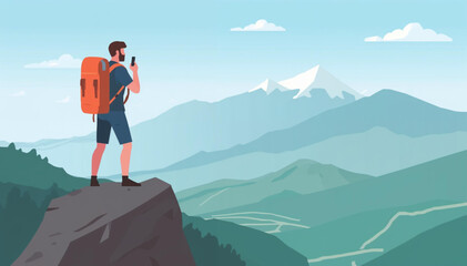 Man with backpack, traveller or explorer standing on top of mountain or cliff and looking on valley. Concept of discovery, exploration, hiking, adventure tourism and travel. Flat vector illustration.