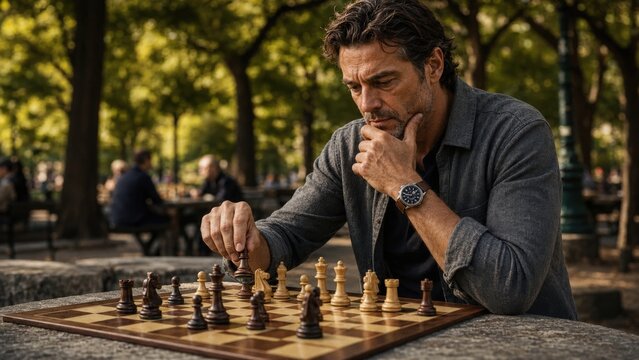 Man with dark hair in gray shirt thoughtfully plays chess outdoors in a park, surrounded by trees and other people engaged in leisure activities, with a chessboard prominently displayed