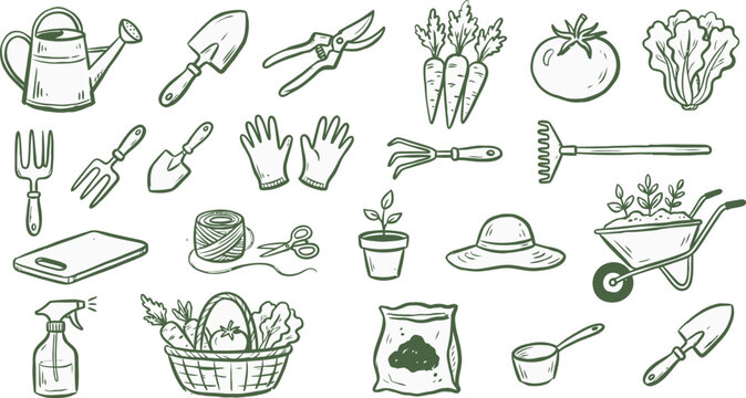 Hand drawn garden tool and organic vegetable doodle icon set featuring shovel rake watering can carrot beet trowel and boots isolated on a white background vector graphic illustration.