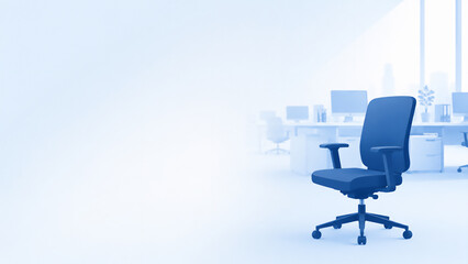 Fototapeta premium Close up of one empty office chair with softly faded office desks behind - labor shortage and recruitment concept banner with copy space