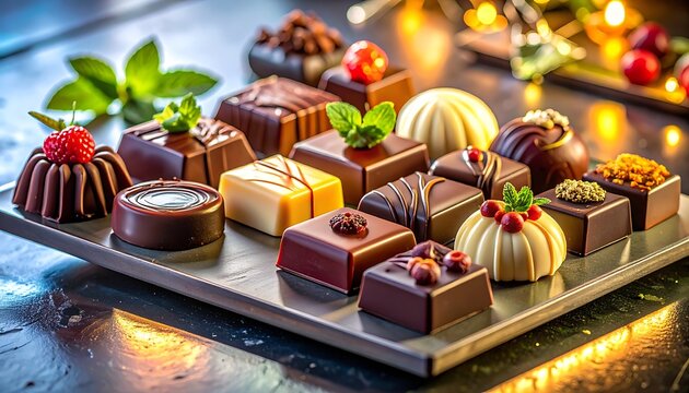 Assorted chocolates on wooden plate.