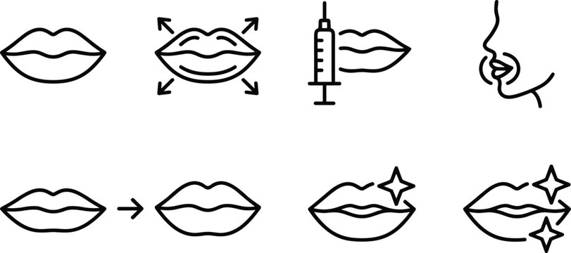 Minimalist Lip Filler and Cosmetic Procedures Line Icon Set with Botox Injection and Plumping Symbols