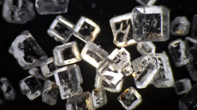 Extreme macro focus pull of white sugar crystals on black background, selective focus
