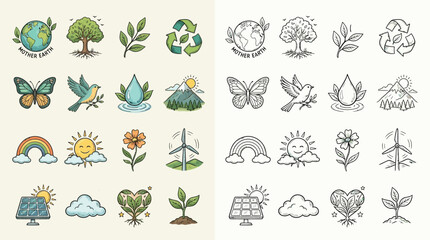 Obraz premium Collection of hand-drawn icons representing nature, ecology, and environmental protection themes.
