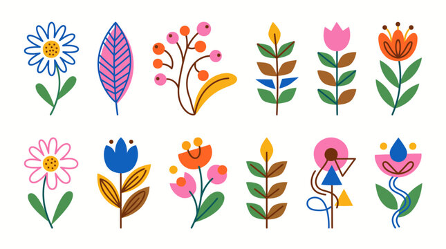 Modern abstract colorful flower and leaf vector illustration set