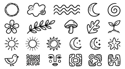 Hand Drawn Nature and Celestial Doodle Icons Line Art Element Set © matahari