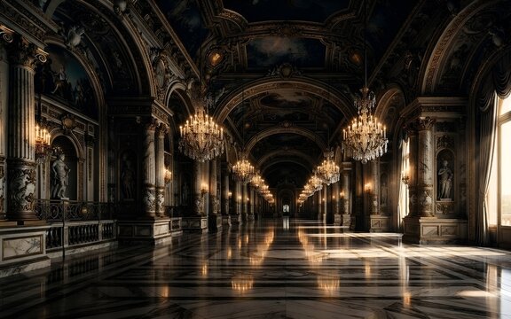Majestic Palace Hallway with Ornate Columns, Chandeliers and Marble Reflections