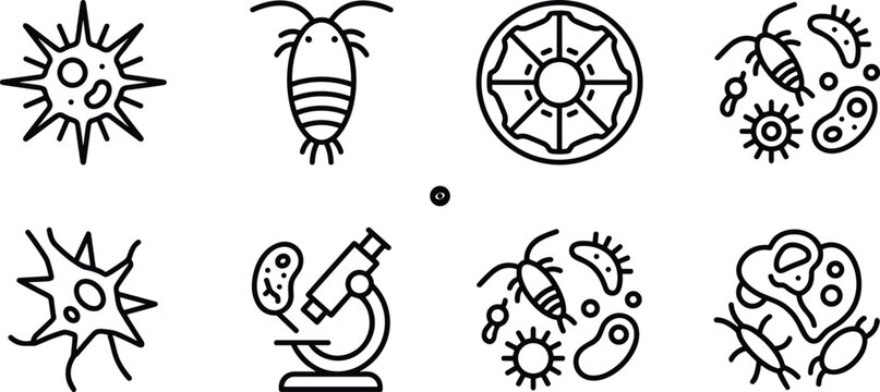 Minimalist Microbiology and Laboratory Line Icon Set with Bacteria Virus Microscope and Plankton Organism Symbols