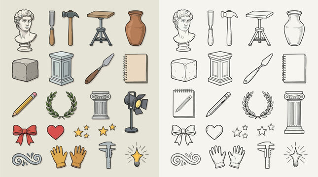 Collection of artistic and creative icons and symbols in two styles, color and outline.