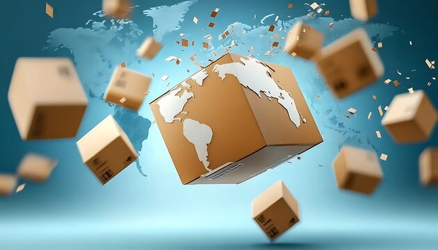 Earth on cardboard box with packages flying around, global commerce concept.