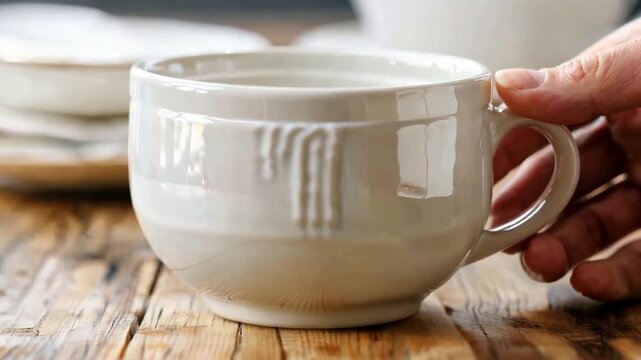 Hand holding white ceramic coffee mug.