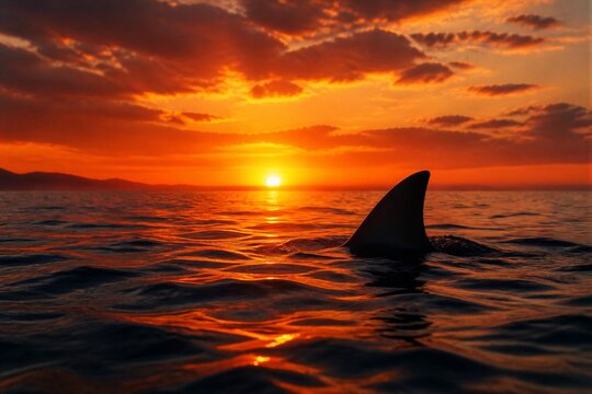 A shark fin is seen breaking the surface of the water during sunset. The sky is filled with orange and purple colors as the sun sets near the horizon. Waves gently move in the foreground.