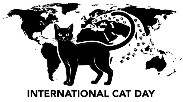 Black cat on world map for international cat day
