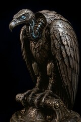 Fototapeta premium Bronze mechanical vulture with glowing blue neck circuit, Halloween steampunk concept