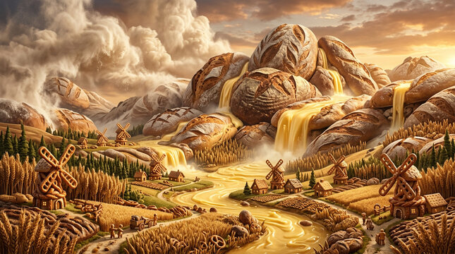 Epic surreal parody landscape with towering mountains made of artisan bread, butter waterfalls, flour clouds, wheat forests, tiny windmills crafted from pretzels
