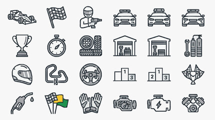 Elegant Monochromatic Set of 36 Minimalist Racing and Automotive Icons in Black and White with high quality professional line art symbols for modern creative design and digital branding projects © Koji