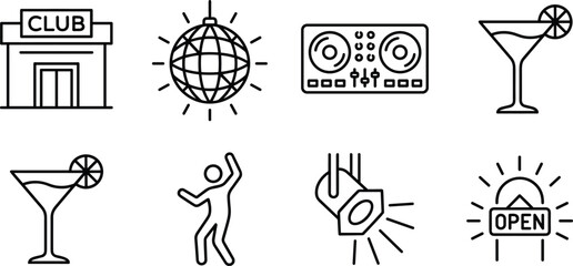 Fototapeta premium Nightclub and Disco Party Icon Set with DJ Turntable Music Cocktails Dance Floor and Entertainment Vector Symbols