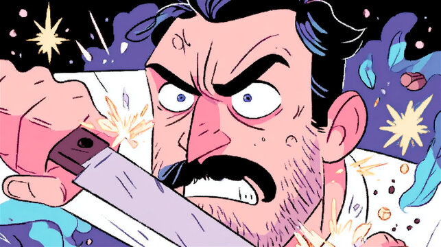 Furious chef man holding large knife dramatic comic book style illustration