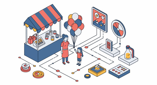 Isometric festival carnival balloon vendor woman giving colorful gift to a small happy child at a local summer fair