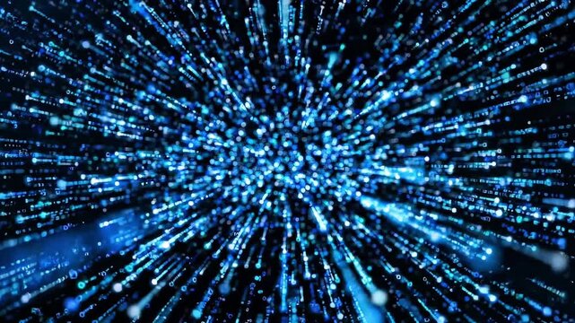 Abstract Blue Digital Data Stream Background with Glowing Light Particles in Futuristic Technology Tunnel Loop 4K