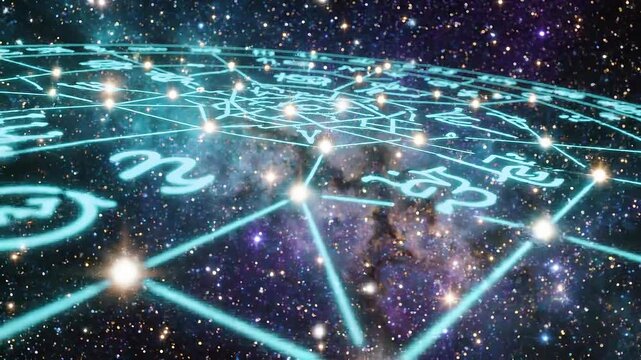 Mystical glowing zodiac astrology chart with cosmic stars and galaxy background in space