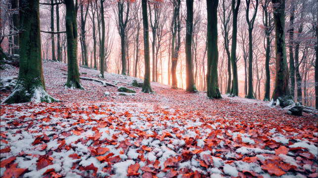 Autumn Leaf on Snowy Forest Floor - AI Generative