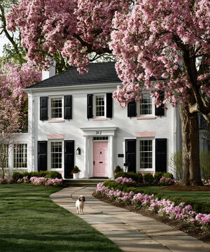 Elegant Pink Colonial Style House with Spring Garden AI Generative