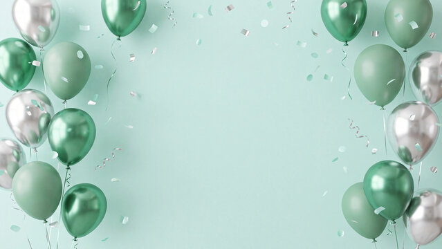Balloons in shades of green and silver decorate the edges of a light mint backdrop to provide a clean space for promotional text or event details.
