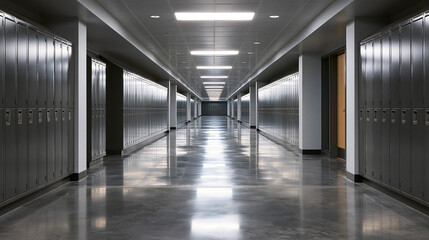 Fototapeta premium Empty school hallway with rows of dark gray metal lockers and a shiny reflective floor.