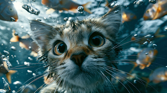 Close up portrait of a cute tabby kitten swimming underwater with bubbles and fishes background.
