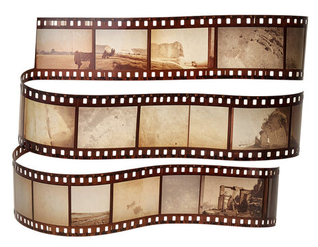 Roll of retro film strip on isolated transparent background. Photographic film in retro style. Curved film strip PNG.