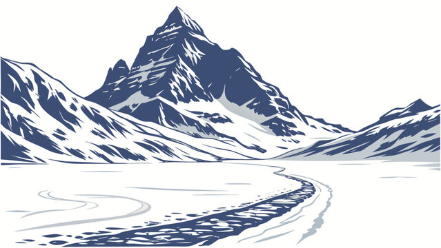 A minimalist landscape featuring a snow-covered mountain peak and a frozen river path, rendered in deep blue and white color palette