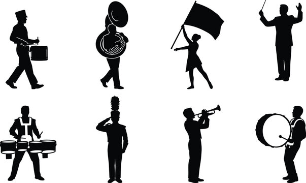 Marching Band Silhouette Icon Set with Musicians, Drumline, Conductor, Color Guard and Brass Performance Collection