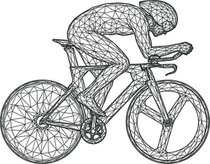Low Poly Geometric Cyclist Riding Road Bicycle in Racing Position Wireframe Line Art Illustration Isolated on White Background © MstRehna
