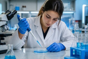 Fototapeta premium A young scientist in a lab coat uses a pipette to transfer liquid into a petri dish on a table filled with glassware. The lab is bright and organized.