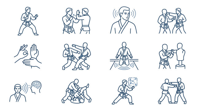 Corporate Set of Modern Karate Techniques and Mental Focus Concepts in Minimalist Blue Line Art