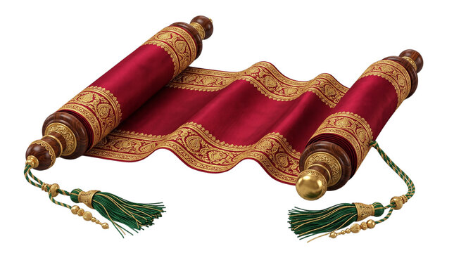 Red scroll with golden ornate border and tassels isolated on transparent background