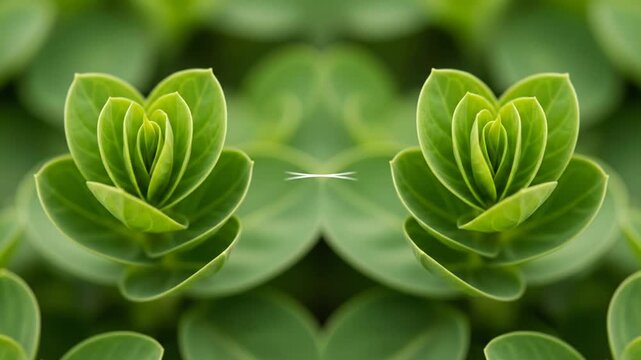 Symmetrical green plant leaves in a kaleidoscopic nature pattern background.