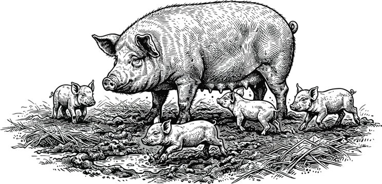 Detailed vintage engraving vector illustration of a sow and piglets in a muddy farm pasture, realistic rustic rural livestock scene depicting domestic swine in a countryside landscape.