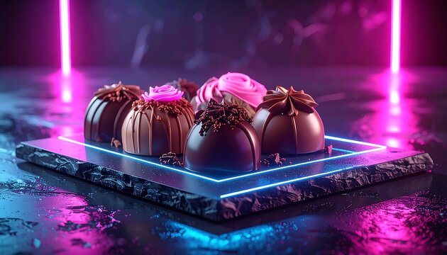 Delicious chocolate truffles on neon plate.